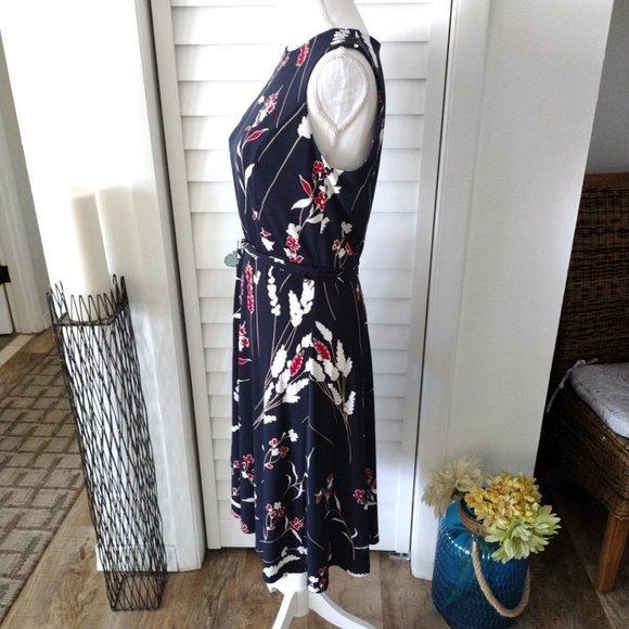 CHARTER Club Petite navy red & white print sleeveless tie belt pullover dress S - Picture 5 of 6